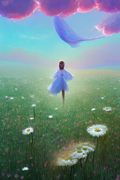 Image similar to veil of giant white daisy flower as head, girl dancing in a flower field, surreal photography, sunrise, dramatic light, impressionist painting, colorful clouds, digital painting, artstation, simon stalenhag