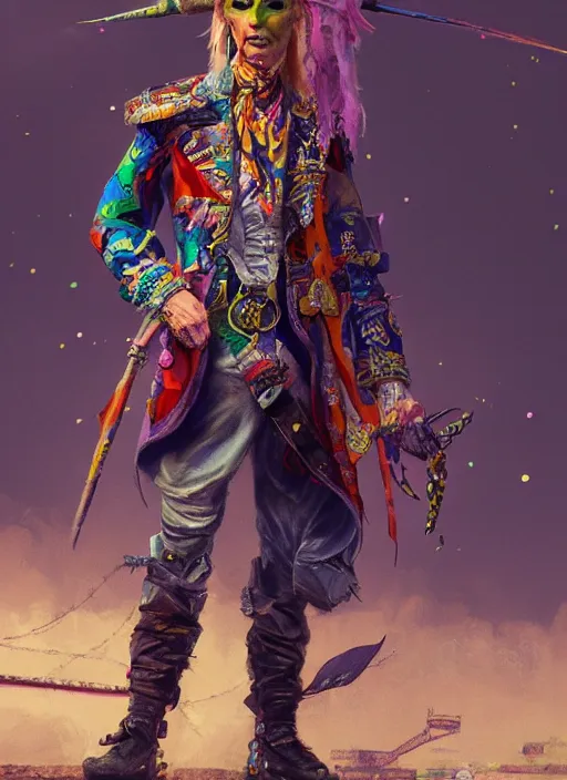 Prompt: detailed full body concept art illustration colorful pastel painting of a david bowie pirate in full intricate clothing, ultra detailed, digital art, octane render, 4K, dystopian, micro details