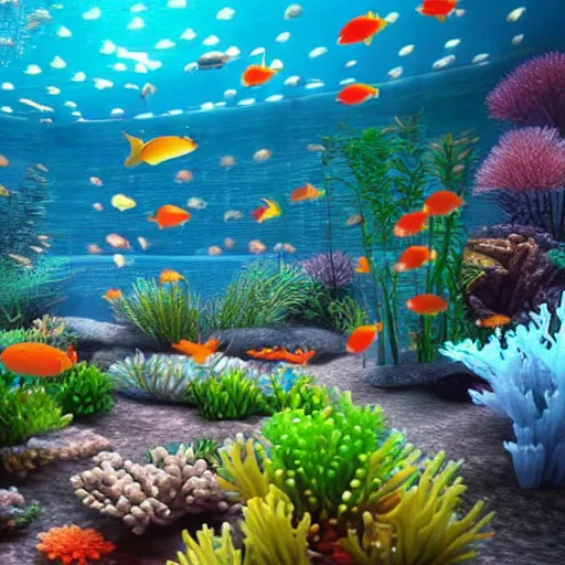 Prompt: realistic designed photo of the big modern room as aquarium with a beautiful fishes and corals, realistic colors, realistic shadows, daylight made by blender and cinema 4 d, 3 d