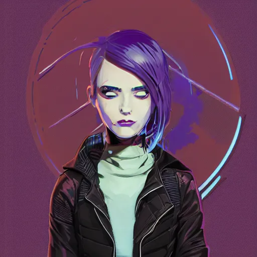 Prompt: Highly detailed portrait of a cyberpunk young lady with, freckles and cool hair by Atey Ghailan, by Loish, by Bryan Lee O'Malley, by Cliff Chiang, inspired by image comics, inspired by graphic novel cover art, inspired by nier!! Gradient purple, silver, black and white color scheme ((grafitti tag brick wall background)), trending on artstation