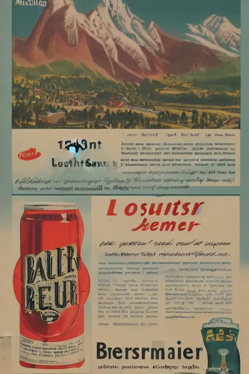 Prompt: 1 9 4 0 s german advertisement of beer, the alps are in the background, unreal engine, global illumination, radiant light, detailed and intricate environment