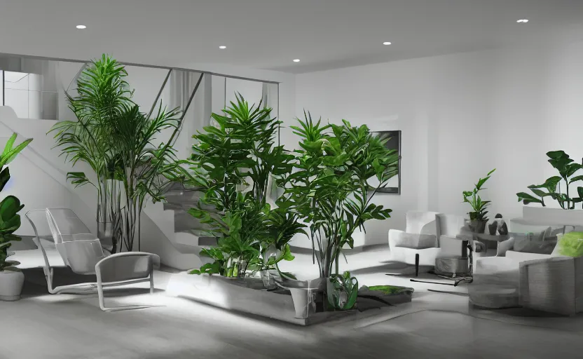 Prompt: empty room, a staircase, big widescren tv screen in the middle, indoor plants, open shiny floor, v - ray render, high contras