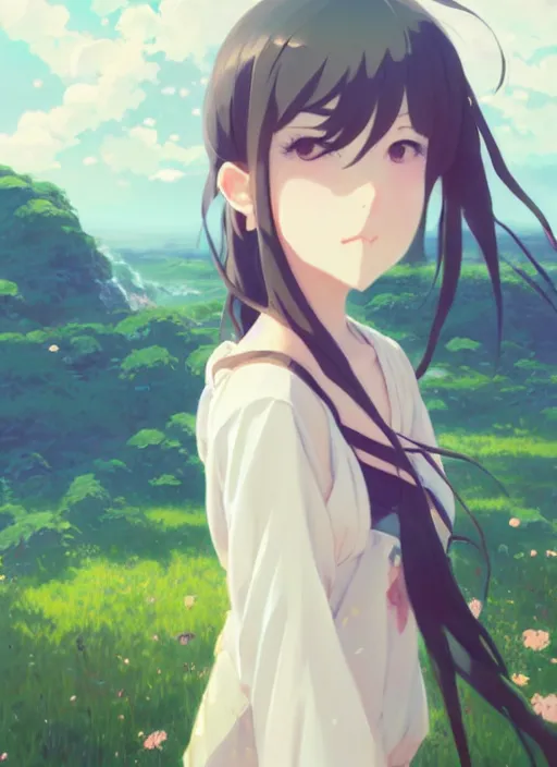 Image similar to portrait of cute girl, cloudy sky background lush landscape illustration concept art anime key visual trending pixiv fanbox by wlop and greg rutkowski and makoto shinkai and studio ghibli and gustav klimt