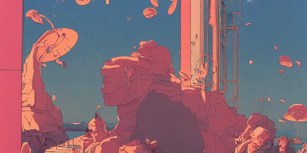 Prompt: gigantic faces that shoot pink lasers, a lot of glass around, shrimps are all over the ground, acid and dreaming psychedelic hallucinations, by kawase hasui and edward hopper and moebius, colorful flat surreal design, hd, 8 k, artstation