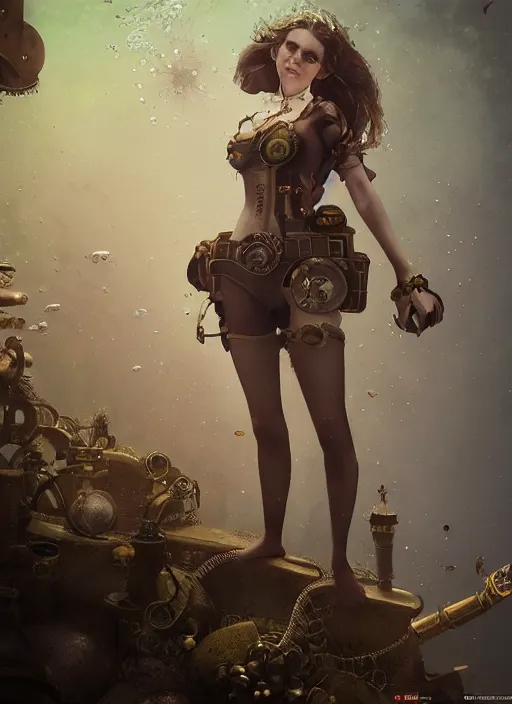 Prompt: underwater steampunk emma watson, au naturel, hyper detailed, digital art, trending in artstation, cinematic lighting, studio quality, smooth render, unreal engine 5 rendered, octane rendered, art style by klimt and nixeu and ian sprigger and wlop and krenz cushart.