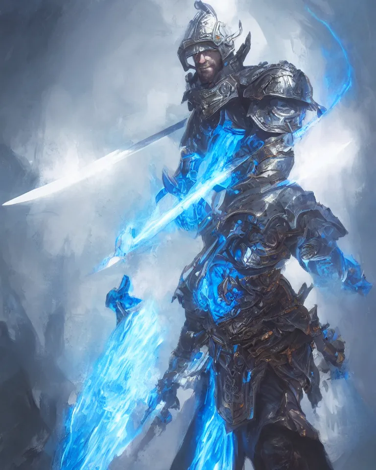 Image similar to portrait of fantasy paladin wielding a sword with blue flames, intricate baroque armour, glowing aura, trending on artstation, 4 k, greg rutkowski, concept art, matte painting