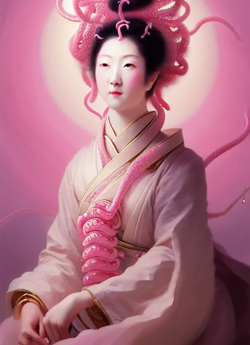 Image similar to stunning japanese godess princess, detailed pink and white of tentacles head peace against a black backdrop by ivan aivazovsky, 3 / 4 view portrait, wlop, super sharp details, photorealism, canon 5 d, 5 0 mm lens, stunning photoshot, beautiful soft lighting, muted colours, artstation