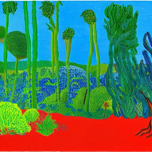 Image similar to painting of a lush natural scene on an alien planet by david hockney. beautiful landscape. weird vegetation. cliffs and water.