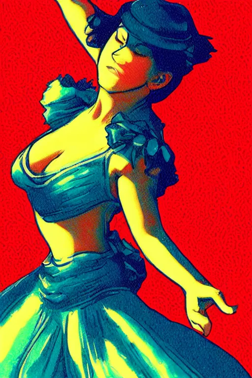 Prompt: illustrated poster of a dancer, in the style of john avon and raul urias and eva widermann, trending on artstation, halfrear lighting closeup view anaglyph filter, bokeh, anime, colored pencil art, belle epoque