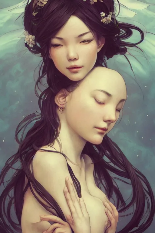 Image similar to character bust portrait, zero gravity floating in the wind, a seductive praying goddess in the style of artgerm, wlop, greg rutkowski, alphonse mucha and ayami kojima, realistic details, volumetric lighting, very very very very beautiful symmetrical face, trending on artstation, artstationhd, artstationhq, unreal engine, 4 k, 8 k