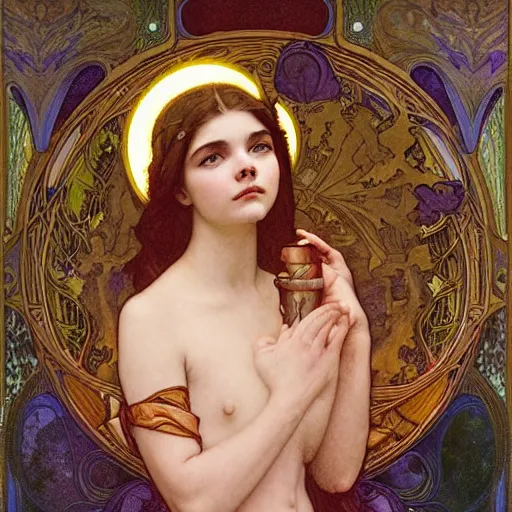 Prompt: detailed portrait art nouveau painting of the goddess of the moon, backlit, who resembles Anya Taylor Joy, Chloe Grace Moretz, and Emma Watson with anxious, piercing eyes, by Alphonse Mucha, Michael Whelan, William Adolphe Bouguereau, John Williams Waterhouse, and Donato Giancola