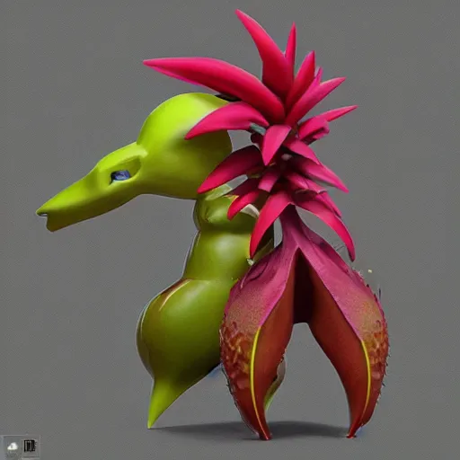 Prompt: a pokemon that looks like a nepenthes, with a bromeliad hair, digital art. trending on art station, unreal engine.