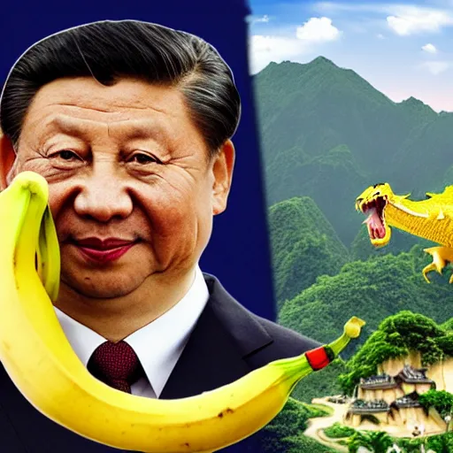 Image similar to Chinese president with bananas, dragon, mountains background, epic stance, battle