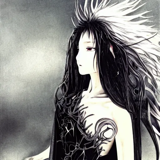 Image similar to yoshitaka amano blurred and dreamy illustration of an anime girl with black eyes, wavy white hair and cracks on her face wearing spiky elden ring armour with the cape fluttering in the wind, abstract black and white patterns on the background, noisy film grain effect, highly detailed, renaissance oil painting, weird portrait angle