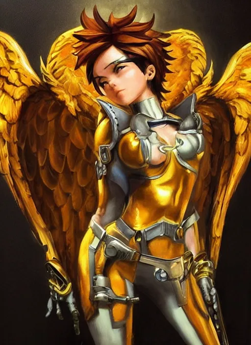 Image similar to full body oil painting of tracer overwatch in the style of frank frazetta, angel wings, angelic golden armor, dramatic painting, symmetrical composition, ornate, golden chains, high detail, gold detailed collar!!!!!, blooming, angelic, lights, flowers, heavenly, bright, detailed face,