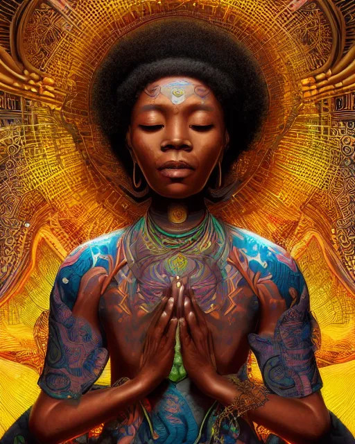 Prompt: contented african american bodhisattva, praying meditating, highly detailed vfx portrait, intricate detailed environment, global illumination, by james jean and moebius and artgerm and liam brazier and victo ngai and tristan eaton, digital illustration, concept art, 8 k, hdr