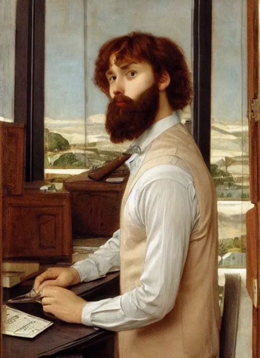 Image similar to Pre-Raphaelite young beautiful brown-haired bearded muscular male working in a office job