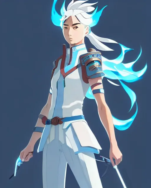 Image similar to azctec warrior, a south korean female, she wears a light blue jacket, white ponytail hair, detailed perfect face, exquisite details, fire magic, mid view, design on a white background, by studio muti, greg rutkowski makoto shinkai takashi takeuch studio ghibli