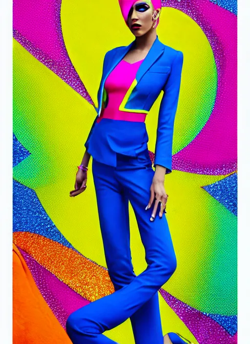 Image similar to bright trouser suit for a rave, bright colors, many details, prints, photo for a magazine, photo for a store, fashion photography, Vogue, 135 mm, cinematic, hyper realism, high detail, 8k, Two models in the frame, dynamic pose,Smooth skin, perfect face