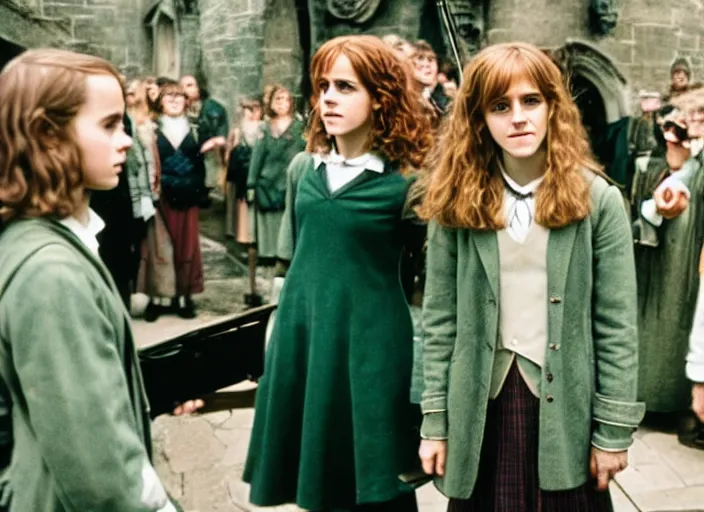 Prompt: photograph. emma watson as hermione granger. behind the scenes. harry potter film set. kodak ektachrome. green tint. rxpired film. extremely detailed. 4 k. award winning.