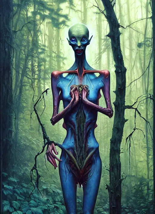 Prompt: hyper realistic magic alien in the woods in a river gorgeous lighting, lush forest foliage blue sky a hyper realistic painting by chiara bautista and beksinski and norman rockwell and greg rutkowski, tom bagshaw weta studio, and lucasfilm