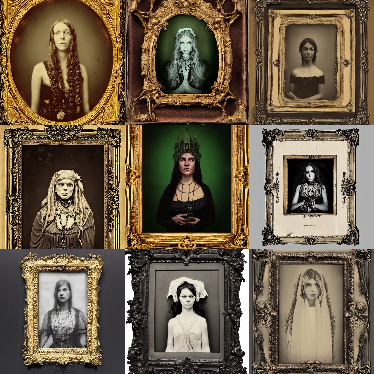 Prompt: ambrotype of a cthulhu high priestess INSIDE a baroque frame, 4k
