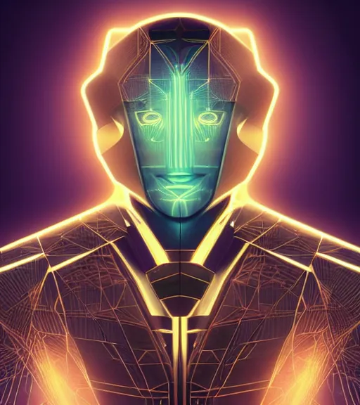 Image similar to symmetry!! egyptian prince of technology, solid cube of light, hard edges, product render retro - futuristic poster scifi, lasers and neon circuits, brown skin man egyptian prince, intricate, elegant, highly detailed, digital painting, artstation, concept art, smooth, sharp focus, illustration, dreamlike, art by artgerm