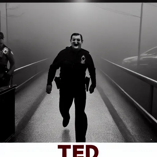 Image similar to Ted Cruz with a wide grin being chased down by multiple police officers, black and white, creepy lighting, foggy atmosphere, scary, horror, ornate, eerie, fear