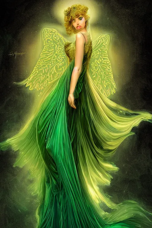 Prompt: a magic the gattering illustration of a woman angel , fantasy, gradient black green gold, dreamy and ethereal, green eyes, golden ratio, peaceful expression, ornate frilly dress, fantasy, intricate, elegant, rainbow splash of ink, highly detailed, digital painting, artstation, concept art, smooth,b sharp focus, illustration, art by scott fisher