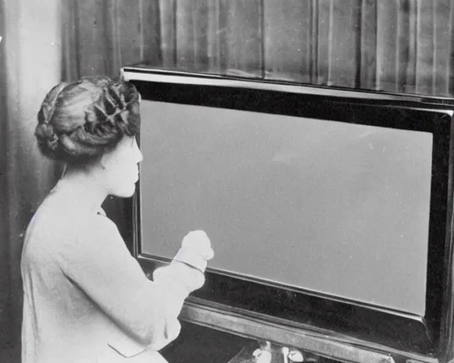 Image similar to 1 9 0 0 s photo of a person watching a flat screen hd tv