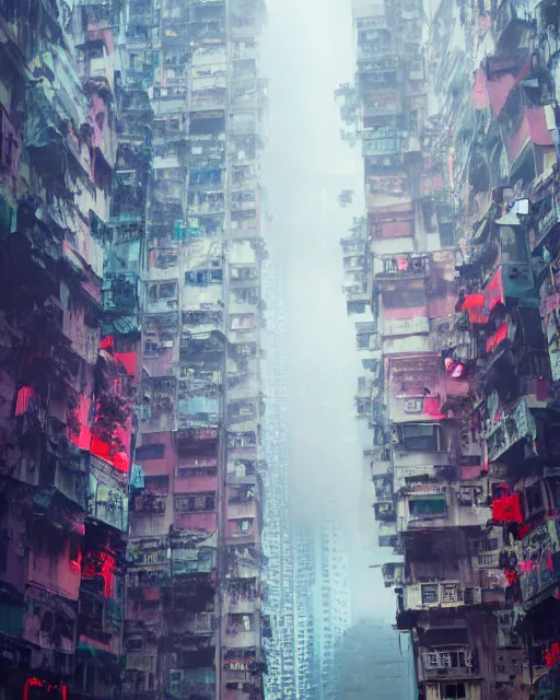Image similar to poor buildings, hong kong buildings, kowloon, slums, night, cyberpunk, chinese new year decoration, chinese new year parade, ghost in the shell, fog, rain, dramatic lighting, depressing, dystopia, trending on Artstation, 8k, highly realistic, hyper detailed, unreal engine 5, IMAX quality, realistic, cinematic, epic lighting, realistic, Matte Painting, masterpiece,