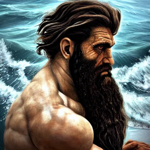 Image similar to painted portrait of rugged godly man in the ocean, god of war, black hair, masculine, powerful, handsome, upper body, white robe, muscular, extremely hairy torso!, fantasy, intricate, scar across eye, highly detailed!!, digital painting!, artstation, concept art, smooth, sharp focus!!!, illustration, art by leonardo da vinci