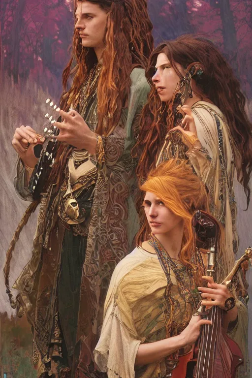 Prompt: portrait of a a band of male and female druids playing an electronic!!-musical-instruments, intricate, stunning, highly detailed, digital painting, artstation, concept art, smooth, sharp, focus, illustration, art by greg rutkowski and alphonse mucha
