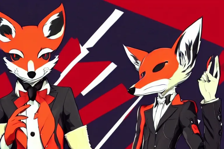 Image similar to a furry tan fox on a persona 5 : royal ( by atlus ) video game splash screen, a furry male sandcolored tan fox fursona ( has hair ), persona 5 phantom thief style