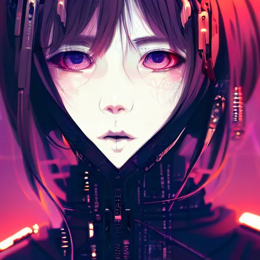 Image similar to by kyoto animation, cool girl wearing cyberpunk intricate streetwear, beautiful, detailed symmetrical close up portrait, intricate complexity, in the style of artgerm and ilya kuvshinov, cell shaded, 4 k, concept art, by wlop, krenz cushart, greg rutkowski, pixiv. cinematic dramatic atmosphere, cinematic lighting, studio quality