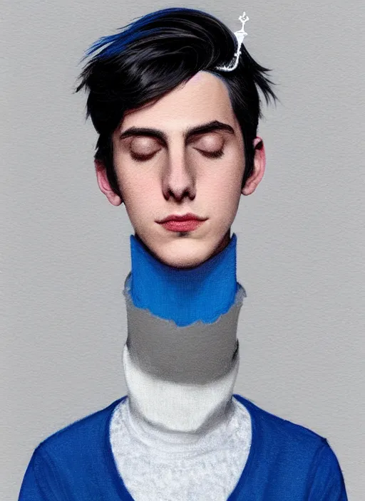 Image similar to portrait of teenage jughead jones wearing a light grey crown, crown, blue turtleneck, closed eyes, eyes closed, slight smile, black hair, intricate, elegant, glowing lights, highly detailed, digital painting, artstation, concept art, smooth, sharp focus, illustration, art by wlop, mars ravelo and greg rutkowski