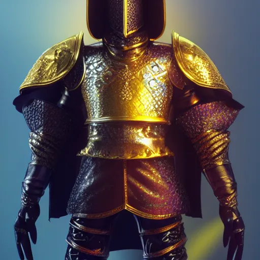 Image similar to a highly detailed knight with glowing purple eyes in a golden helmet and a golden crown with a diamond in the center, golden armor, leather clothes under the armor, leather gloves, holds a black sword, artstation, DeviantArt, professional, octane render, sunset lighting