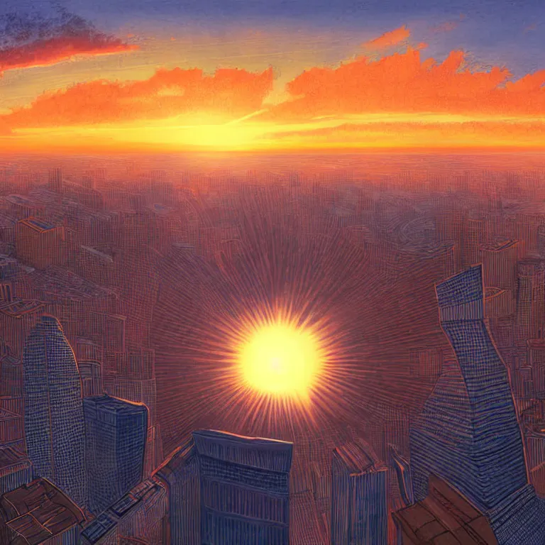 Prompt: birdseye view of a sunrise over a city, art by wain louis