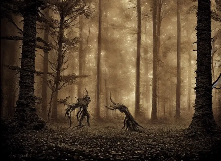 Image similar to an incredibly scary and very very unique creative monster of the forest, ancient folk legend, hyperrealistic concept art, sepia photography in the forest