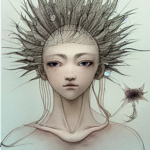 Image similar to prompt: Fragile looking vessel portrait face drawn by Katsuhiro Otomo, inspired by Carlo Dolci, magical and alchemical objects on the side, soft light, white background, intricate detail, intricate ink painting detail, sharp high detail, manga and anime 2000