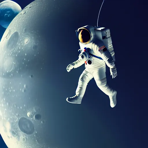 Image similar to an astronaut from the 60s with a tether floating towards the moon, science fiction industrial hard science concept art, 8K render octane high definition cgsociety