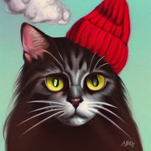 Prompt: A cat with red eyes smoking weed and wearing a beanie, photorealistic art