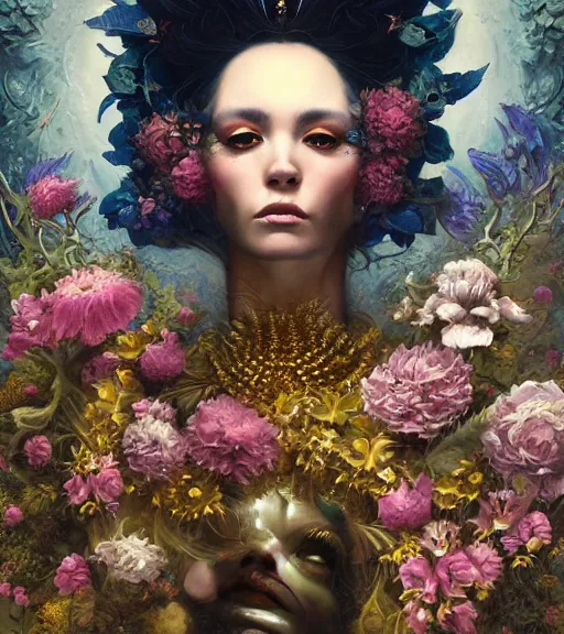 Image similar to portrait of the queen of the underworld, surrounded by flowers by karol bak, james jean, tom bagshaw, rococo, trending on artstation, cinematic lighting, hyper realism, octane render, 8 k, hyper detailed.