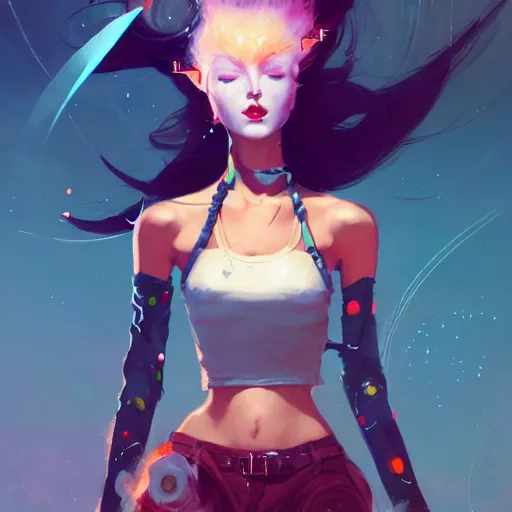 Image similar to a beautiful punkrocker in crop top, concept art by pete mohrbacher and guweiz and ilya kuvshinov, digital art, highly detailed, intricate, sharp focus, trending on artstation hq, deviantart, unreal engine 5, 4 k uhd image