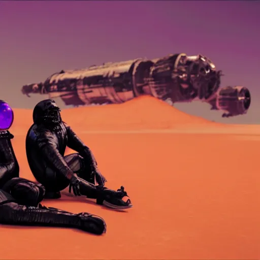 Prompt: photo of an two overweight depressed teenagers with emo haircuts wearing gothy purple and black latex suits, sitting next to smashed burning spacecraft wreckage, on the orange surface of mars, Trending on artstation, octane render, cinematic lighting, hyper realism, photorealistic, octane render, 8k, depth of field, 3D