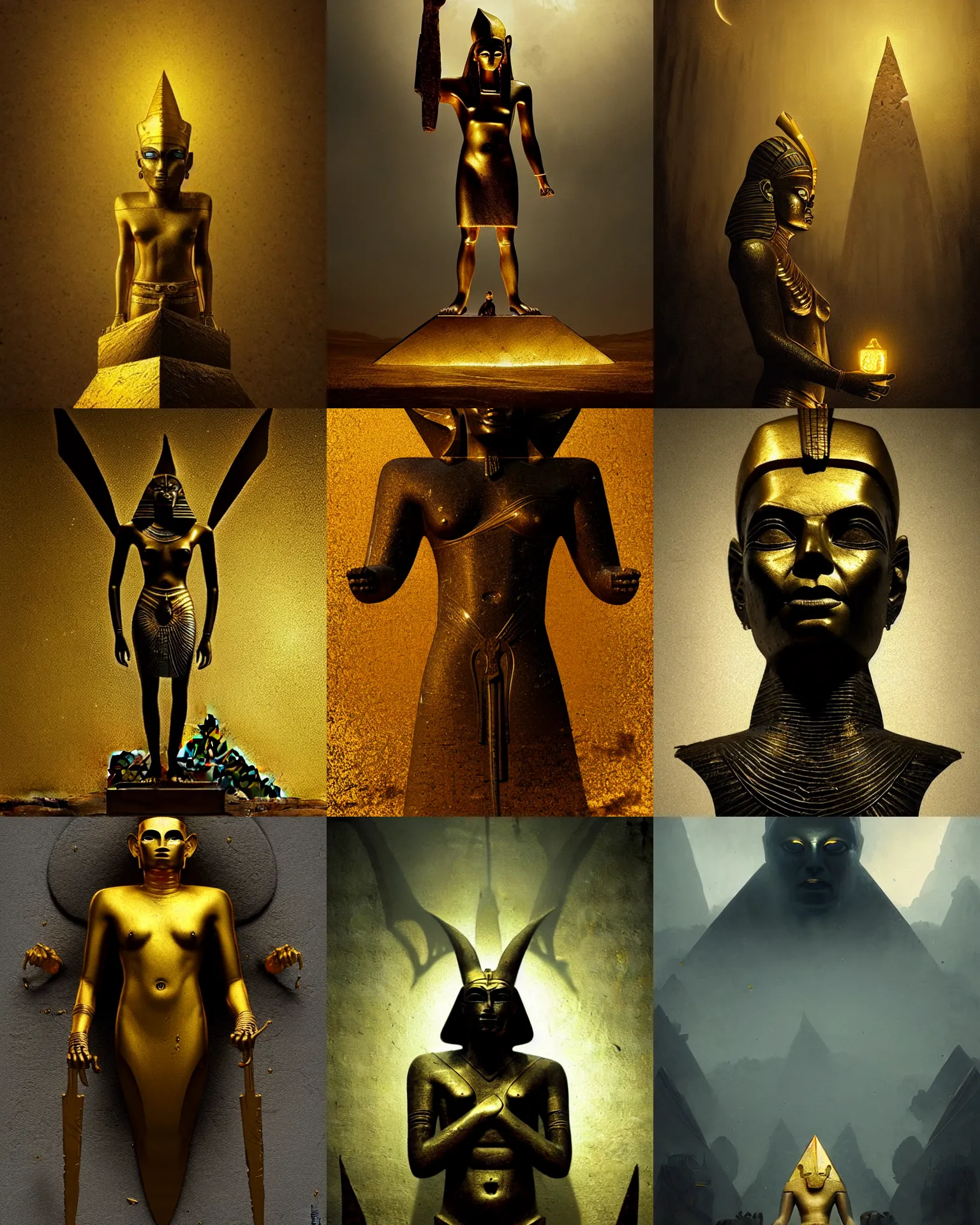 Prompt: giantic gold scarabee statue, darkness, egypt piramids background, fantasy art, evil fluid, creepy, by greg rutkowski