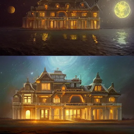 Prompt: a mansion floating in space, concept art, digital art, trending on artstation, nicely detailed, by Albert Bierstadt