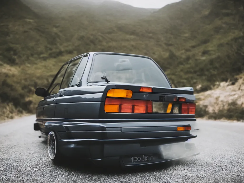 Image similar to a rear shot of a modified bmw e 3 0 with lights on a mountain road, motion blur, 3 5 mm photography, car photography, clean lines, realistic