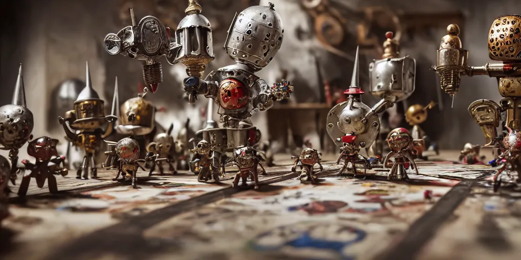 Image similar to closeup portrait of tin toy medieval knights fighting robots on white paper table in an artist workshop, depth of field, zeiss lens, detailed, centered, fashion photoshoot, by nicoletta ceccoli, mark ryden, lostfish, breathtaking, 8 k resolution, extremely detailed, beautiful, establishing shot, artistic, hyperrealistic, octane render