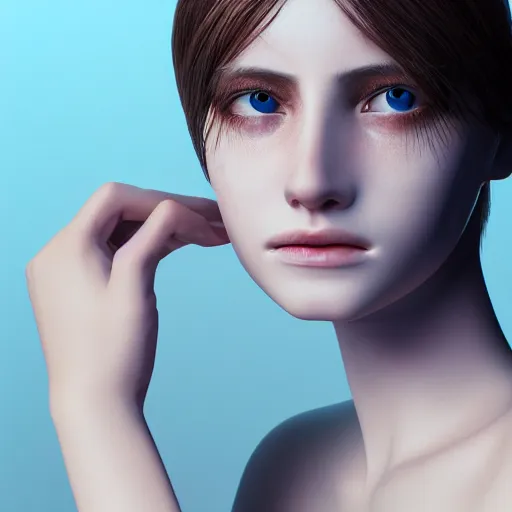 Image similar to 3 d render, hyper detailed, realistic female face and shoulders, white porcelain, fine facial features, white eyes and eyelashes, 8 k, 1 5 0 ml lens, elegant, white background pastel blue lighting, octane render, volumetric lighting - h 7 0 4